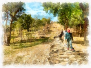 Fototapeta premium landscape of stone walkway up the mountain watercolor style illustration impressionist painting.