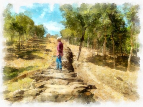 landscape of stone walkway up the mountain watercolor style illustration impressionist painting.