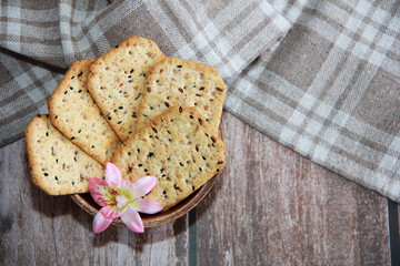 dietary dry crackers with cumin and quinoa seeds