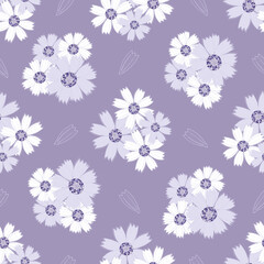 Fototapeta na wymiar Chamomile floral purple seamless vector pattern background. Scattered groups of flower heads of ancient medicinal herb on lilac color backdrop. Painterly botanical flora. Nature garden flowers repeat.