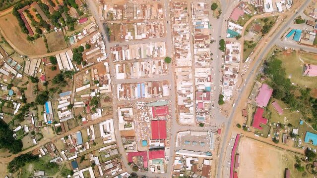 Tilting Drone Flight Of Busy Local  Market In Tribal Village Of Kapenguria, Traditional Rural Community In Kenya Africa