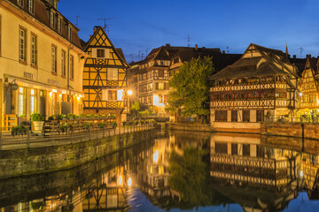 Strasbourg, France - May 23, 2017: ILL canal at night, Strasbourg, Alsace, Bas-Rhin Department, France