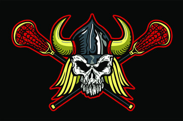 viking skull mascot with crossed lacrosse sticks for school, college or league