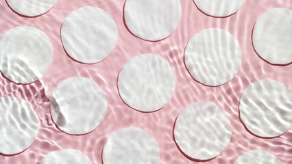 Top view shot of water surface with ripples and spontaneous waves against cotton pads arranged in rows on pale pink background | Background shot for rose water commercial