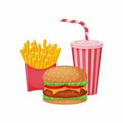 Fast food. An illustration depicting a burger, a carbonated drink and French fries. A set of fast food . Vector illustration isolated on a white background