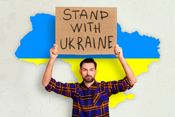 Close sky above Ukraine conceptual picture image young student guy hold placard showing solidarity...