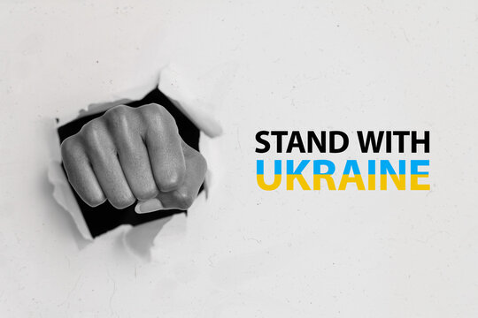 Illustration composite collage strong fist torn through background symbolizing Ukrainian national spirit with support stand of all countries