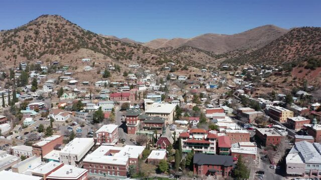 Bisbee, Arizona - aerial wide shot pan left to right