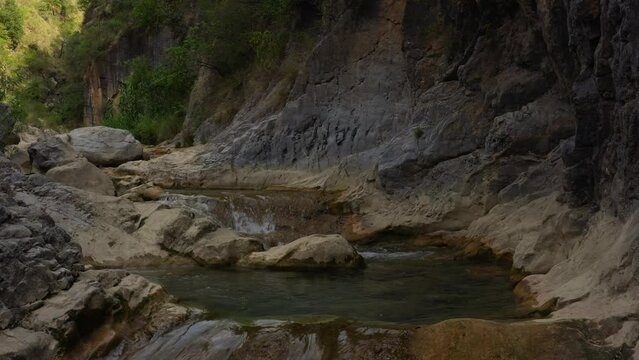Close aerial shot of mountains with river 