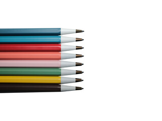 Ballpoint pens of different colors on an isolated white background, lying horizontally, close to each other, macro