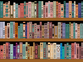 Wooden horizontal bookcase full of different colourful books. Seamless pattern. pattern for Education library and bookstore concept. Vector illustration. © I_love_life