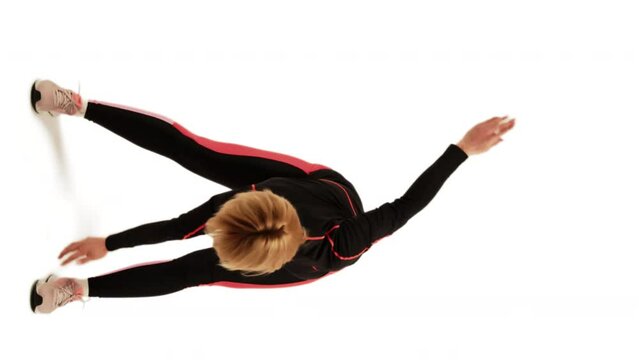Close Up Vertical Shot of a Happy Woman Stretching Before Going out Jogging and Running - white background