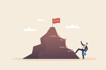 starting a business, leadership to achieve business goals, Flag on the mountain peak. Business concept, goal achievement, success.
