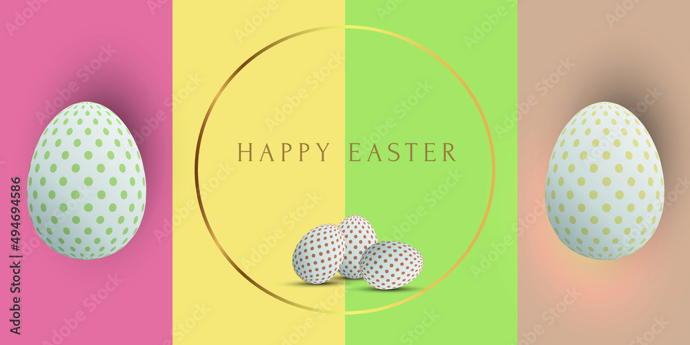Fototapete easter panoramic greeting card template with spotted eggs on light backgrounds. text happy easter in