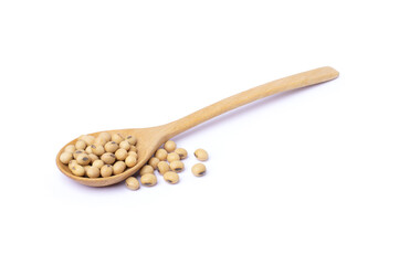 Soybeans in wooden spoon isolated on white background.