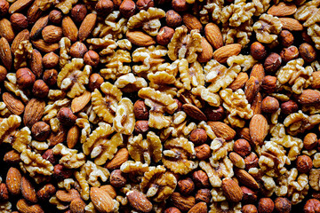 Various nuts, background image, spices, cinnamon, coriander