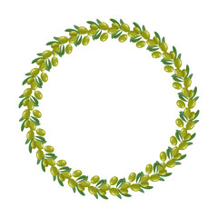 Wreath of branch green olives with fruits and leaves. Round frame, Greek traditional food. Holiday decorations for wedding, holiday, postcard, poster and design. Vector illustration