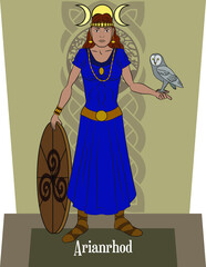 Illustration vector isolated of Celtic mythical goddess, Arianrhod, Moon, stars and reincarnation goddess.