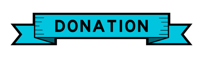 Ribbon label banner with word donation in blue color on white background
