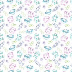 Naklejka premium Space seamless pattern print design for kids with ccosmic galaxy texture and doodl rockets, tars, planets, spaceships.