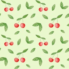 Seamless of cherry fruit with leaves watercolor illustration. Cute cartoon fruit pattern, flat design for fashion print.