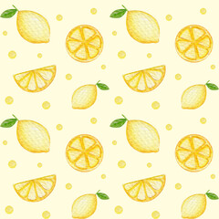 Watercolor seamless lemon pattern. Cute hand drawn with fruits.