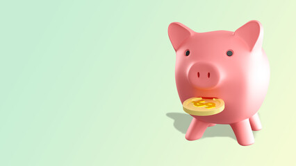 financial savings symbol. Piggy bank on light green. Moneybox for saving money. Concept - Economy money. Saving your own income. Personal income. Caring for financial well-being. 3d image.