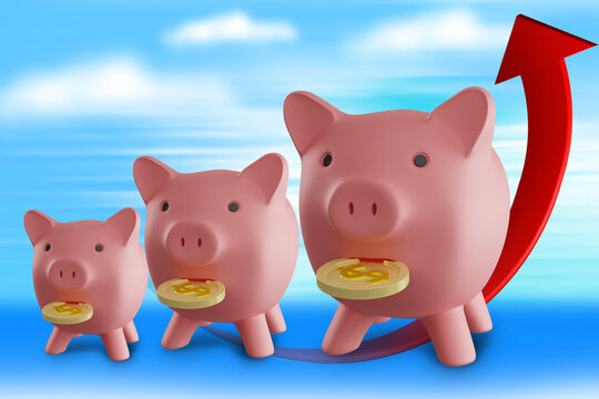Growth savings. Piggy banks of different sizes. Concept of growth of pension savings. Piggy bank and up arrow on blue. Increasing amount of money on deposit is metaphor. Increasing Savings. 3d image