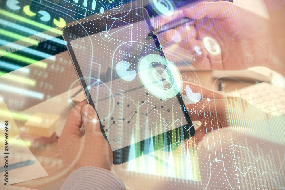 Poster Multi exposure of man's hands holding and using a digital device and data theme drawing. Innovation concept.