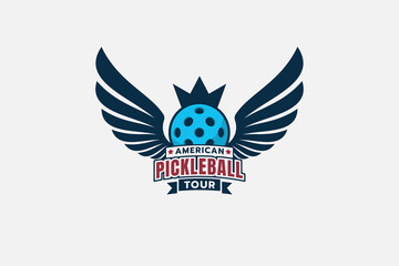 American pickleball tour logo with a combination of a ball, wings and and crown.