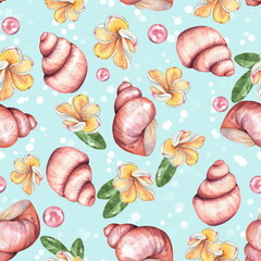 Summer pattern with shells, tropical flowers and pearls. Watercolor illustration - 494695973