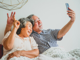 happy senior couple embracing video call with children and family, Old elderly couple retirement lifestyle concept.