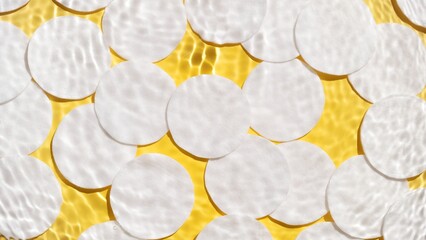 Top view shot of water waves and ripples crossing against cotton pads on yellow background | beauty background, cleansing lotion commercial