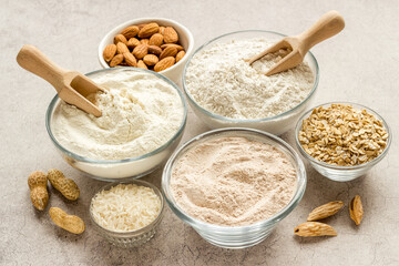 Gluten free flour in bowls. Almond peanut oat and rice buckwheat flour in bowls