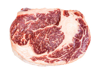 top view of slice of raw rib eye beef steak from Aberdeen Angus bull isolated on white background