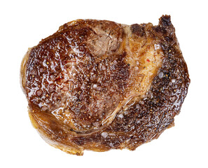 top view of cooked rib eye beef steak from Aberdeen Angus bull isolated on white background