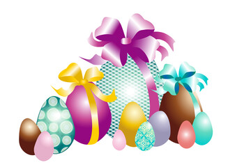 Groupe d’œufs de Pâques en chocolat colorés de différentes tailles sur fond blanc