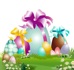 Pâques œufs bleu,rose,jaune,chocolat sur l'herbe verte 