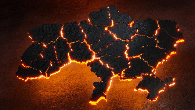 Black map of Ukraine burning in fire. Concept of war, russia invasion, military conflict, bomb shelling, civilian death.