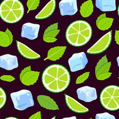 Seamless mojito pattern. Graphic illustration of mojito cocktail ingredients : lime slices, mint leaves, ice cubes on a dark background 