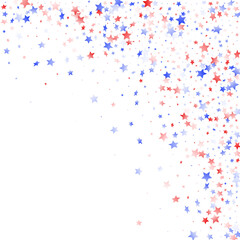 Flying red blue white star sparkles on white vector american patriotic background.