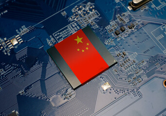 Flag of China on CPU operating chipset computer electronic circuit board