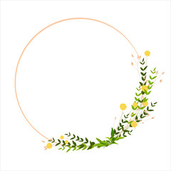 Spring frame of yellow wildflowers. Easter circle template. Yellow ball of craspedia . Summer wreath vector stock illustration. Isolated on a white background.