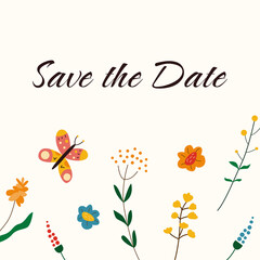 Save the date botanical card design with blooming wild flowers and butterfly. Floral wedding invitation template. Natural marriage background. Color flat vector illustartion
