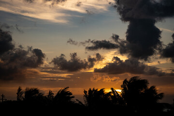 Beautiful sunset colors. Holiday landscape. Golden colors in the clouds. Tropical landscape with palm trees