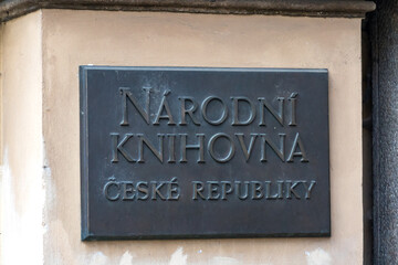 Fototapeta premium Prague, Czech Republic - July 24, 2020: Plaque of the National Library of the Czech Republic (Národní knihovna České republiky)