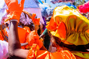 Left Arm, Tambourine and Back of the Head (covered with bonnet) of Colorfully Dressed Member of...