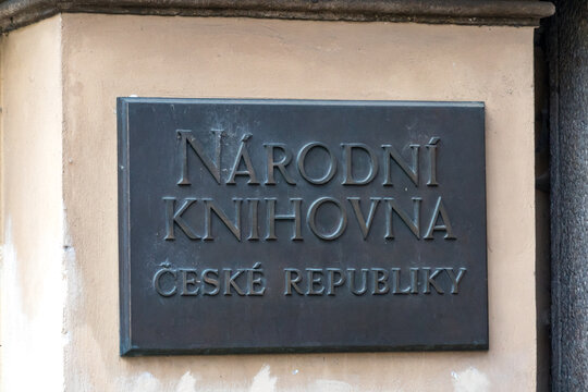 Prague, Czech Republic - July 24, 2020: Plaque of the National Library of the Czech Republic (Národní knihovna České republiky)