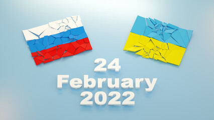 Two flags Russian and Ukrainian brocken into pieces. Firs day of the war date. 3D render