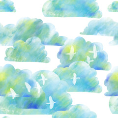 Fototapeta na wymiar clouds with birds on a white background pattern